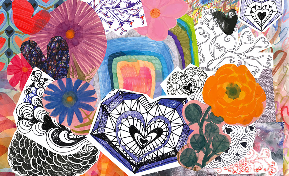 Collage of brightly colored paper mache flowers 