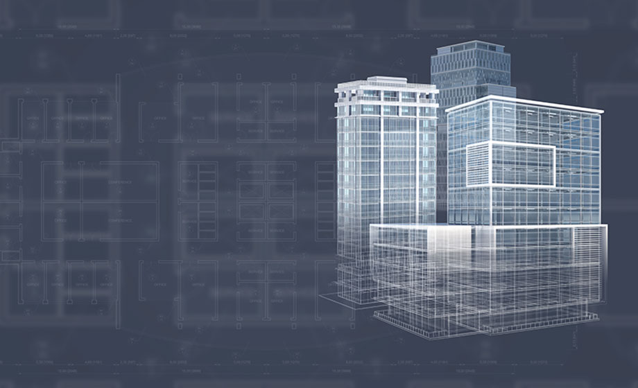 Illustration of a CAD drawing of a building on a dark gray background