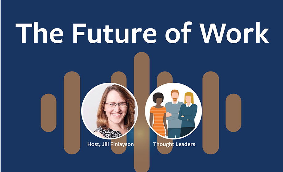 The Future of Work banner image with Jill Finlayson and illustration of three professionals on a blue background