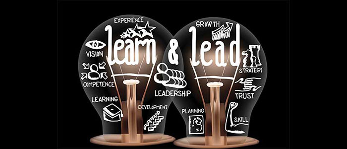 Image of learn & lead over word cloud and lightbulbs