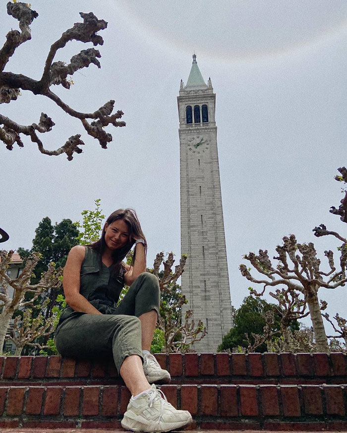 Aliona Margulis poses in front of the Campanile