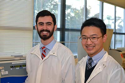 Victor Gavallos (left) and PingWah Poon completing the phase 2 portion of their SFSU Clinical Laboratory Scientist Program