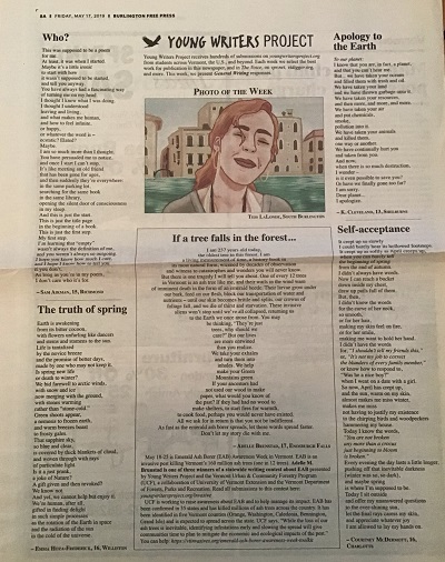 Print publication of the Burlington Free Press showing one of Adelle Brunstad's poems. Photo.