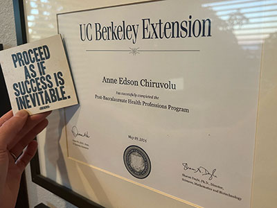 Photo of Anne Chiruvolu's post-bacc program certificate