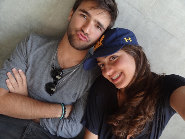 Camila with her roommate, sporting a Berkeley hat.