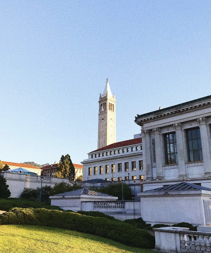 Campus and a view of the campanile as the sun sets