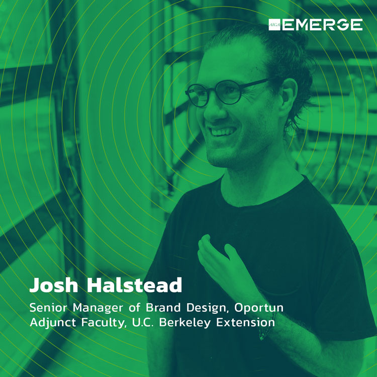 Original AIGA cover picture of Josh Halstead with green overlay and concentric circle design