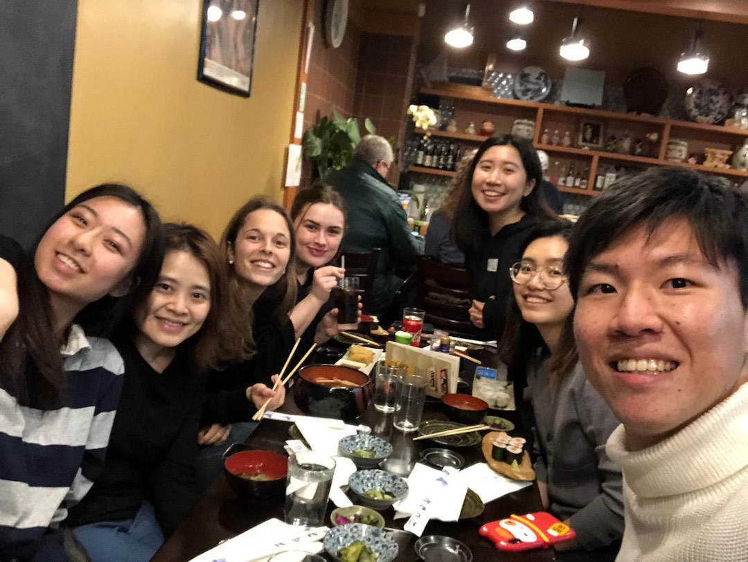 Karin and some of her friends taking a selfie at a restaurant in honor of Chinese New Year. 