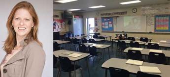 Laura Gale on left with photo of your empty classroom on right