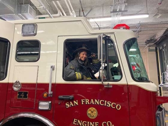 Aliona Margulis inside a San Francisco fire department truck