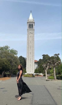 Rioko Enomoto standing in front of UC Berkeley Campanile