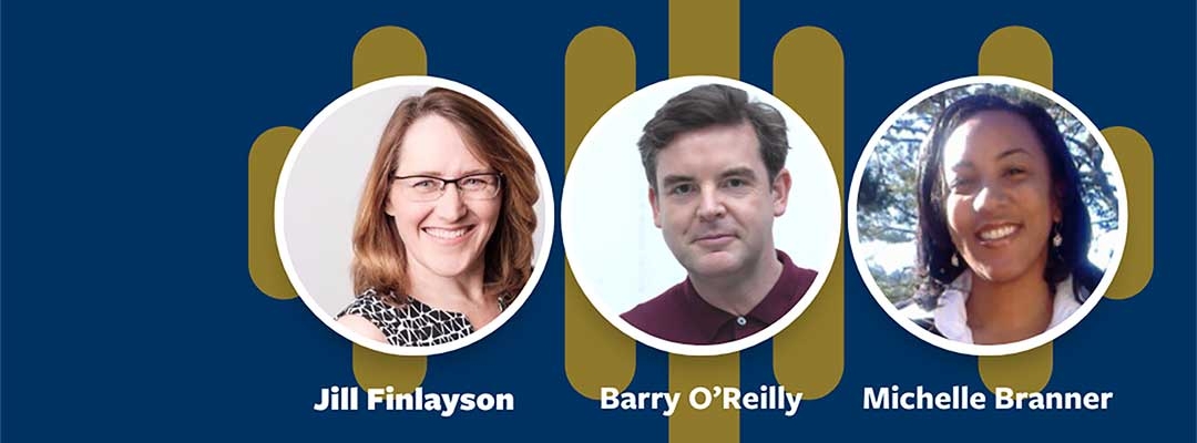 Headshots of Jill Finlayson, Barry O'Reilly and Michelle Branner on blue podcast background