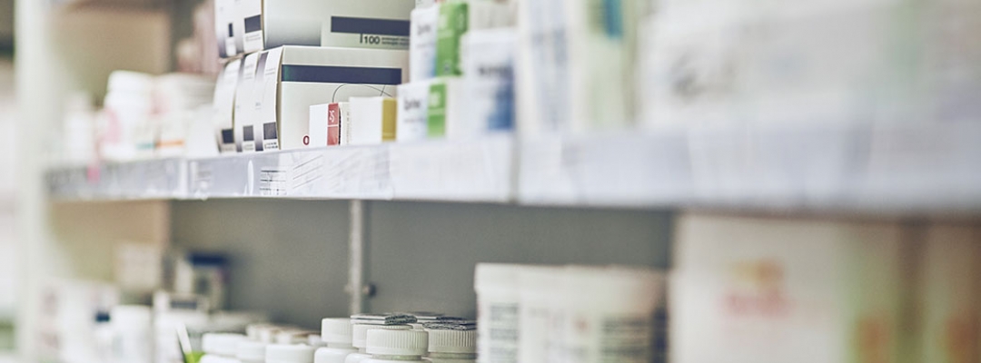A shelf full of pharmaceutical products