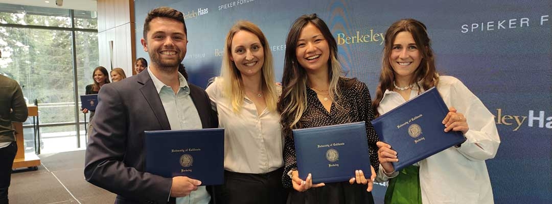 Hugo Charre and friends at the Berkeley Haas Global Access Program graduation holding their diplomas