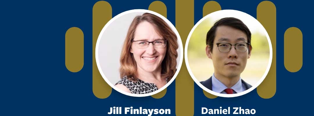 Headshots of Jill Finlayson and Daniel Zhao on blue podcast background