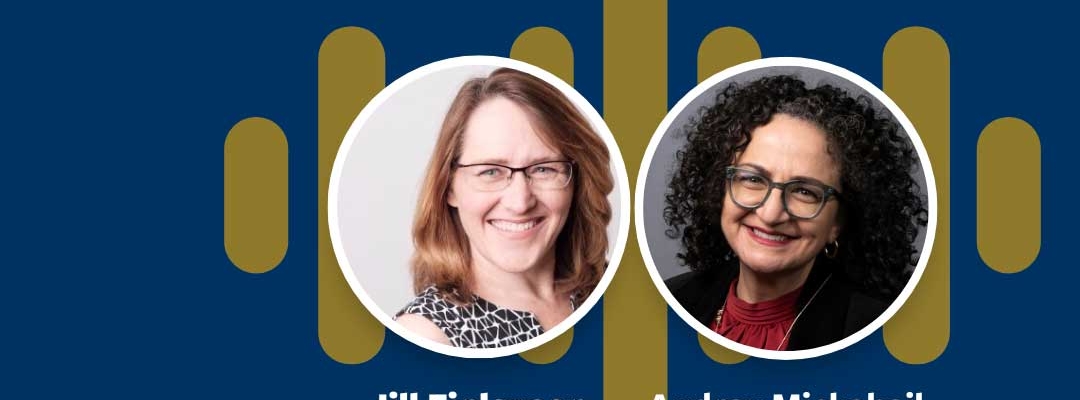 Headshots of Jill Finlayson and Audrey Mickahail on blue background