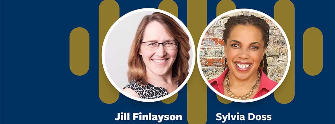 Headshots of Jill Finlayson and Sylvia Doss on blue podcast background