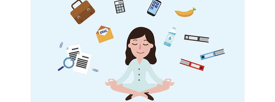 cartoon woman meditating to reduce stress