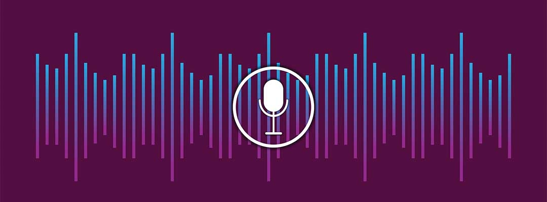 Audio waves on purple background with white microphone illustration
