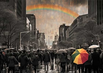 Illustration of city landscape in black and white with rainbow and umbrella in full color