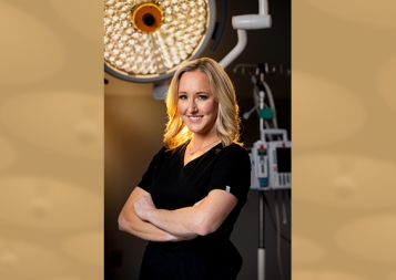 Photo of Meagan Barry in front of medical equipment with illustrative background