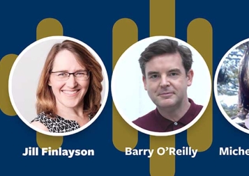 Headshots of Jill Finlayson, Barry O'Reilly and Michelle Branner on blue podcast background