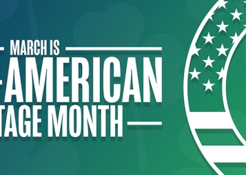 March is Irish American Heritage Month on a blue-green background, with shamrock, stars and stripes in circle