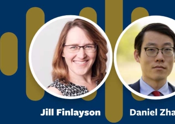 Headshots of Jill Finlayson and Daniel Zhao on blue podcast background