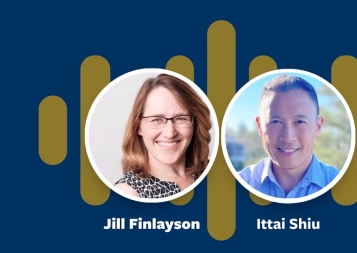 Photo of Jill Finlayson and Ittai Shiu on blue background with yellow audio waves