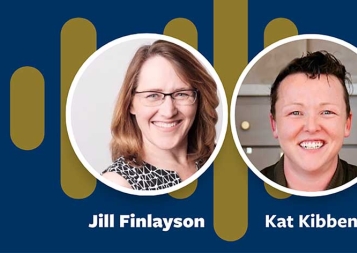 Headshots of Jill Finlayson and Kat Kibben on blue podcast background