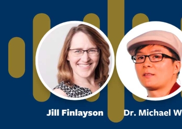 Headshots of Jill Finlayson and Michael Wu on blue podcast background