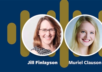 Headshots of Jill Finlayson and Muriel Clauson on blue podcast background