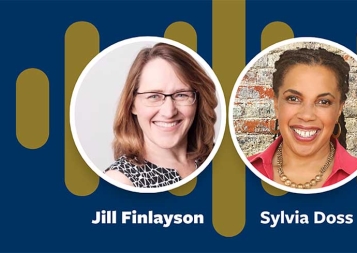 Headshots of Jill Finlayson and Sylvia Doss on blue podcast background