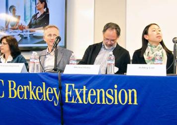 Photo of the Project Management career night panelists sitting behind a table with a UC Berkeley Extension table drape