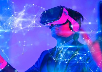 Futuristic image of man wearing virtual reality goggles