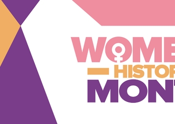 Women's History Month illustration in pink, purple and orange