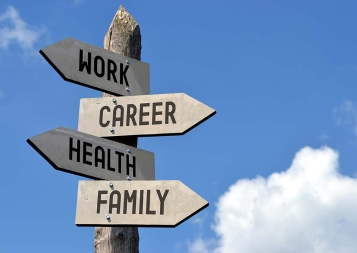 Sign post with pointed arrow plaques for work, career, health and family