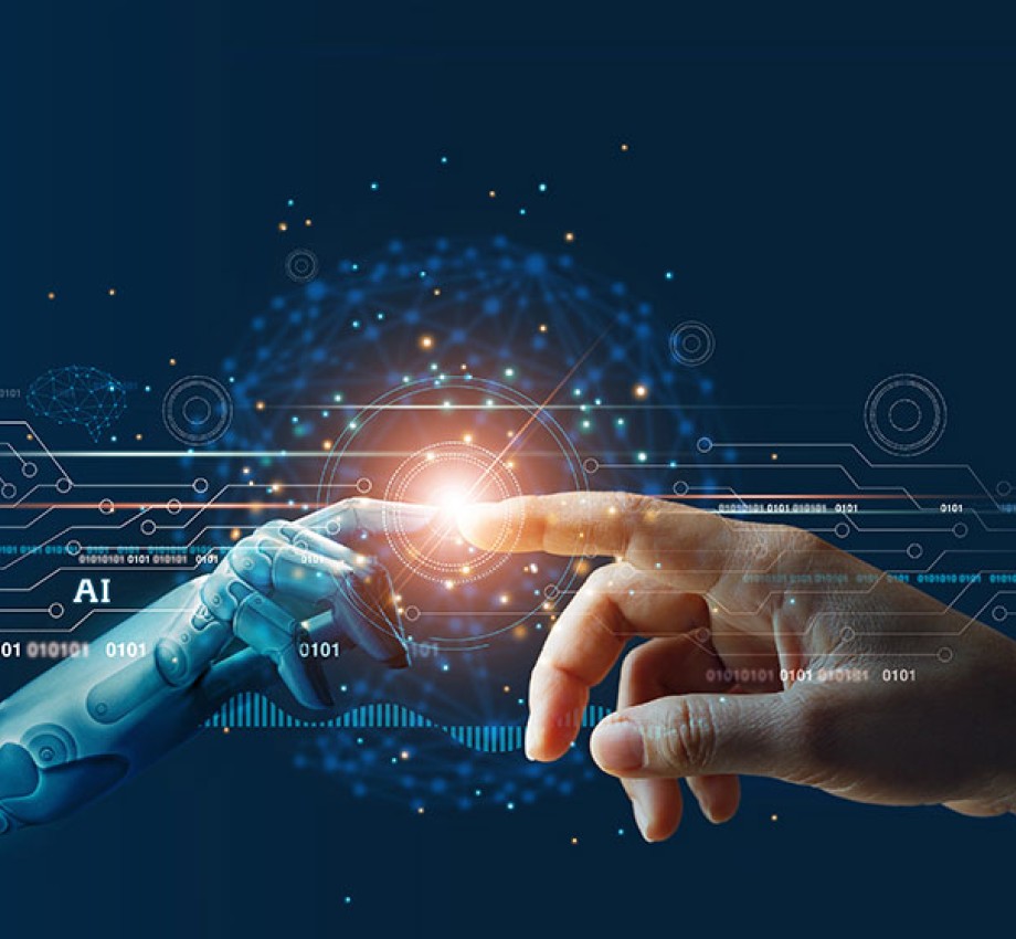 AI, Machine learning, Hands of robot and human touching on big data network connection background, Science and artificial intelligence technology, innovation and futuristic.