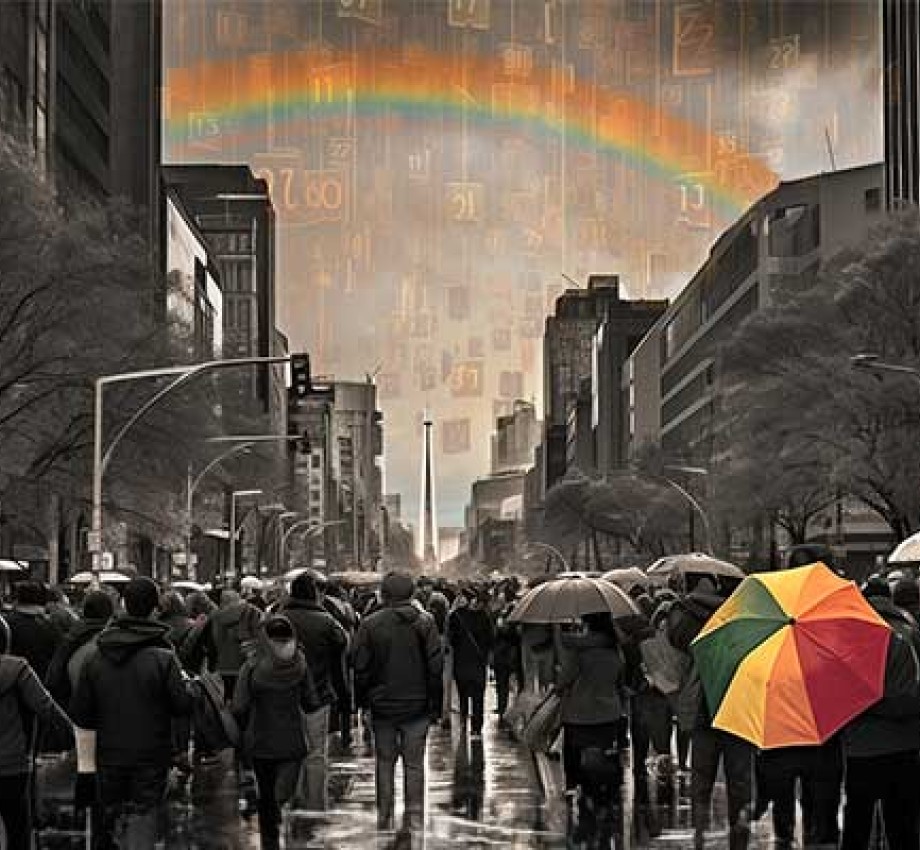 Illustration of city landscape in black and white with rainbow and umbrella in full color