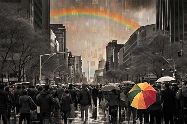 Illustration of city landscape in black and white with rainbow and umbrella in full color