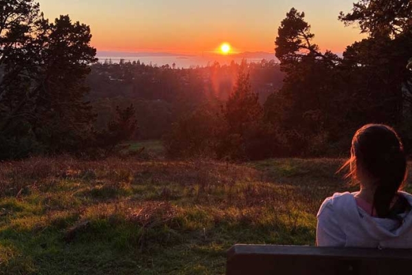 Aliona Margulis sitting on park bench in Berkeley watching the sunset