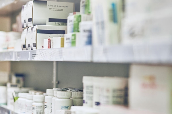 A shelf full of pharmaceutical products