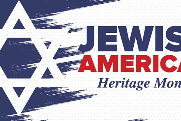 Jewish star on blue and white background with text Jewish American Heritage MOnth