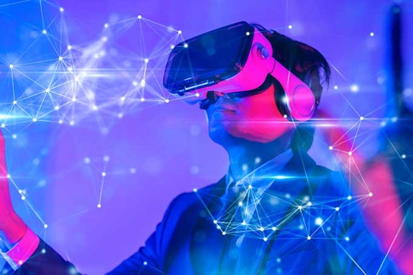 Futuristic image of man wearing virtual reality goggles