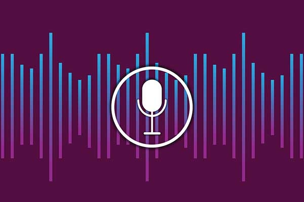 Audio waves on purple background with white microphone illustration