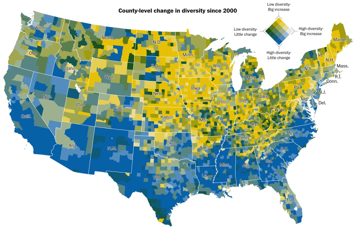 County-level change in diversity since 2000 (Source: Washington Post)