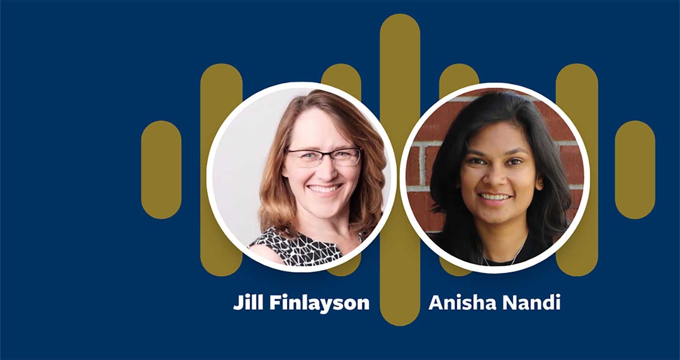 Headshots of Jill Finlayson and Anisha Nandi on blue podcast background