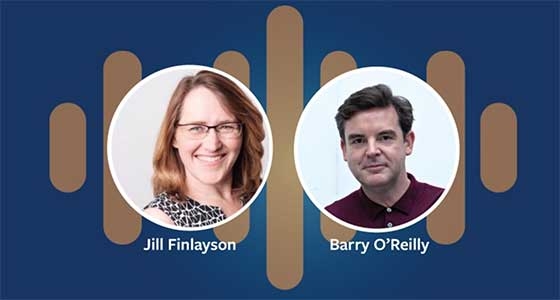 Jill Finlayson and Barry O'Reilly headshots on a blue background