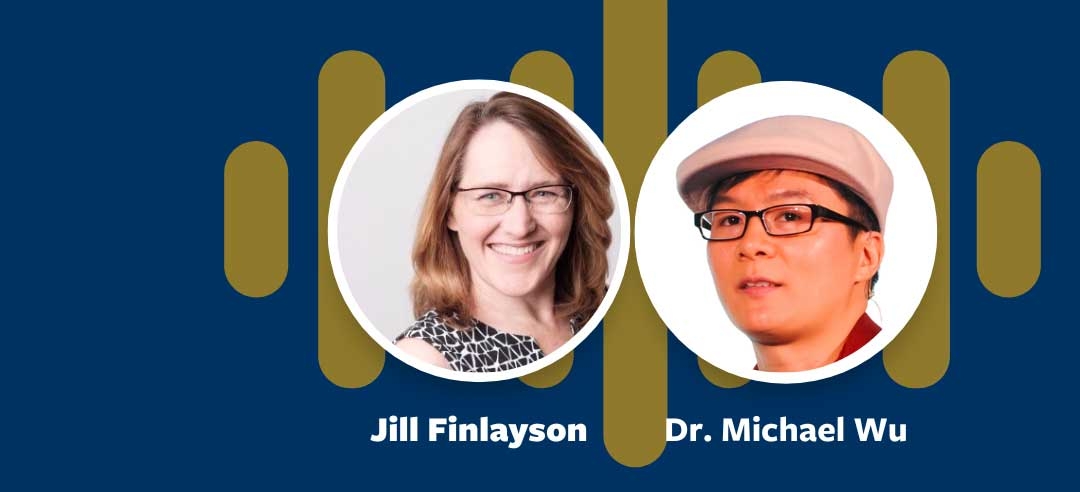 Headshots of Jill Finlayson and Dr. Michael Zu on blue background