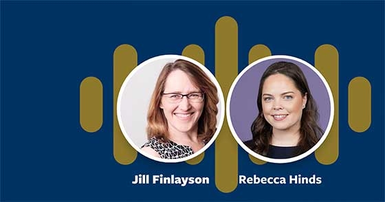 Headshots of Jill Finlayson and Rebecca Hinds on blue podcast background
